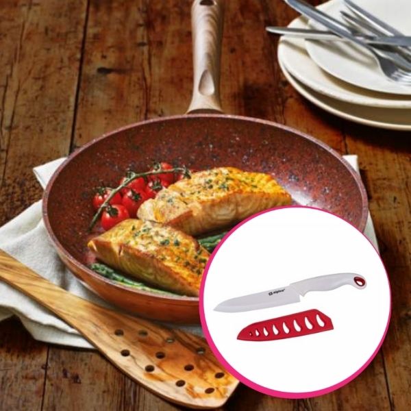 Pachet avantajos: Regis Stone Copper Pan, 24 cm + Cuțit ceramic cu teacă Alpina, 28cm