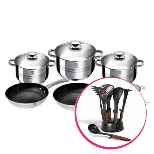 Pachet avantajos: Set inox 10 piese HomeVero + Set 6 ustensile cu suport Wood Touch