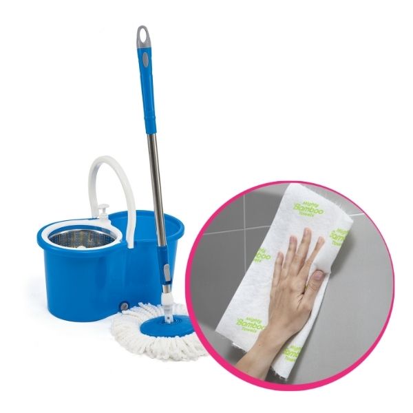 Pachet avantajos: Mop rotativ Super Easy Clean 360  + Prosoape de bucătărie din fibră de bambus Mighty Bamboo Towels